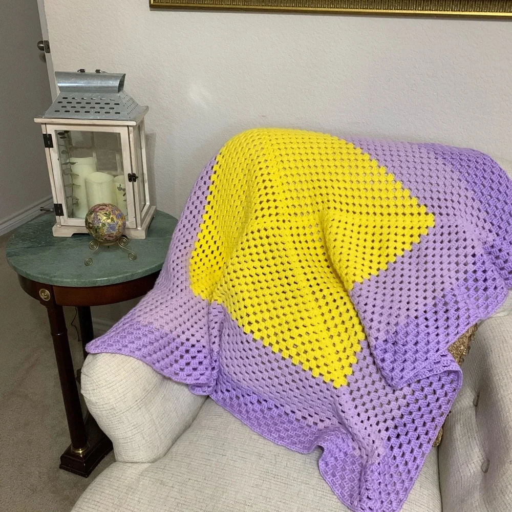 Vintage purple & yellow crocheted blanket throw